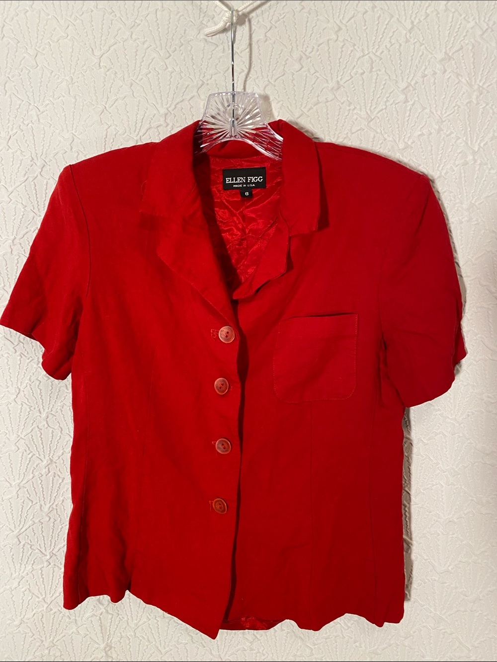Vintage Ellen Figg Red Short Sleeve Button Front Blouse Size 8 Timeless Made USA